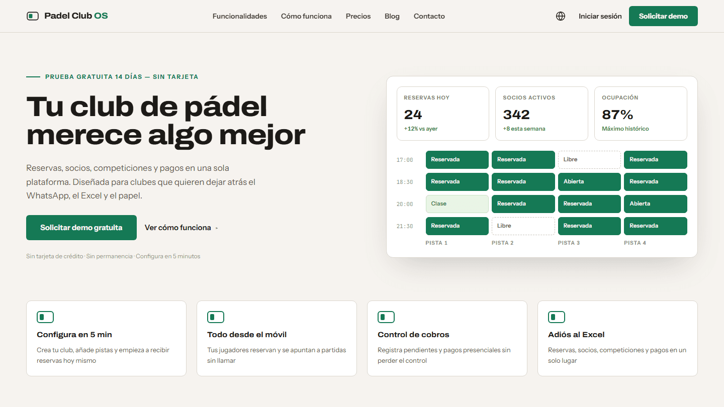 Captura de la plataforma de gestión para clubes de pádel