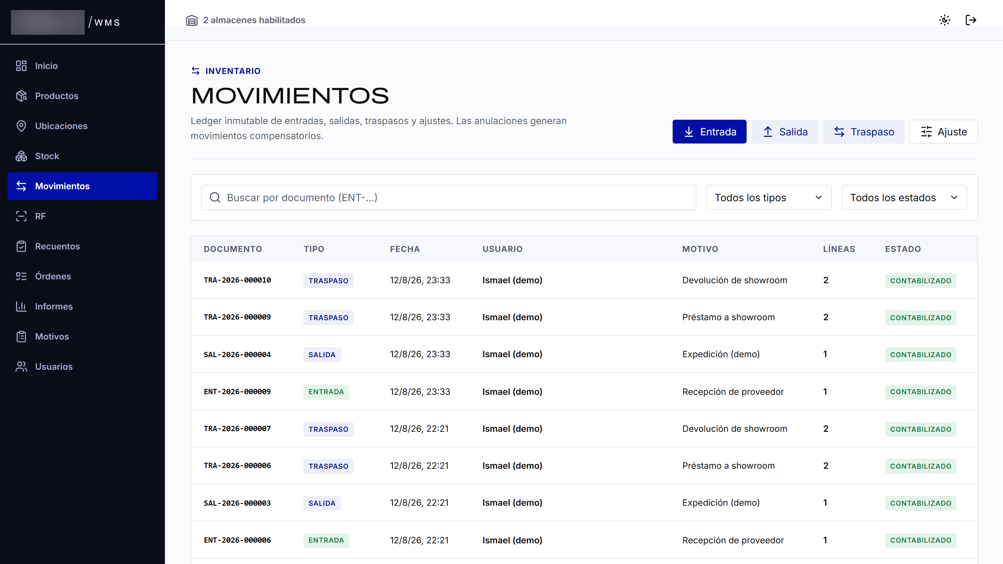 Warehouse application: log of incoming, outgoing and transfer movements, with its filters. The product brand is blurred