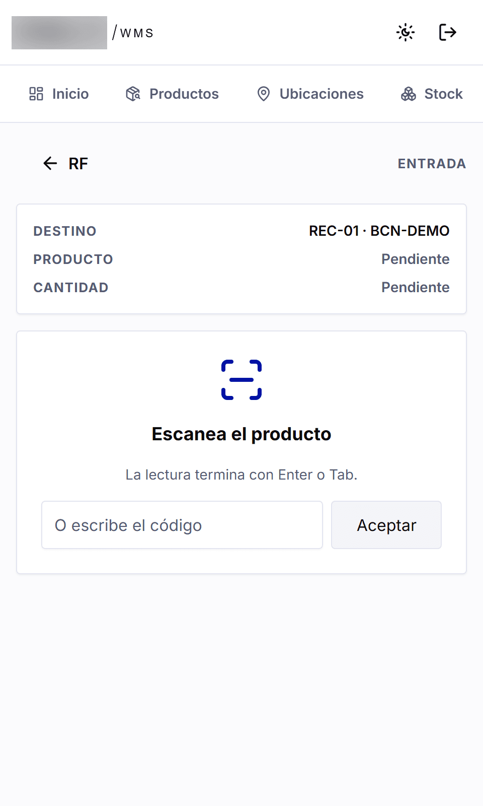 Barcode scanner screen on a phone for recording an incoming product by scanning its code