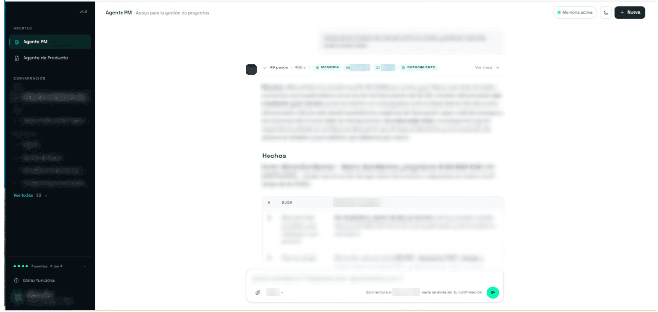 Project management assistant screen showing the steps and sources consulted for an answer. Conversations, names and the content of the answer are blurred