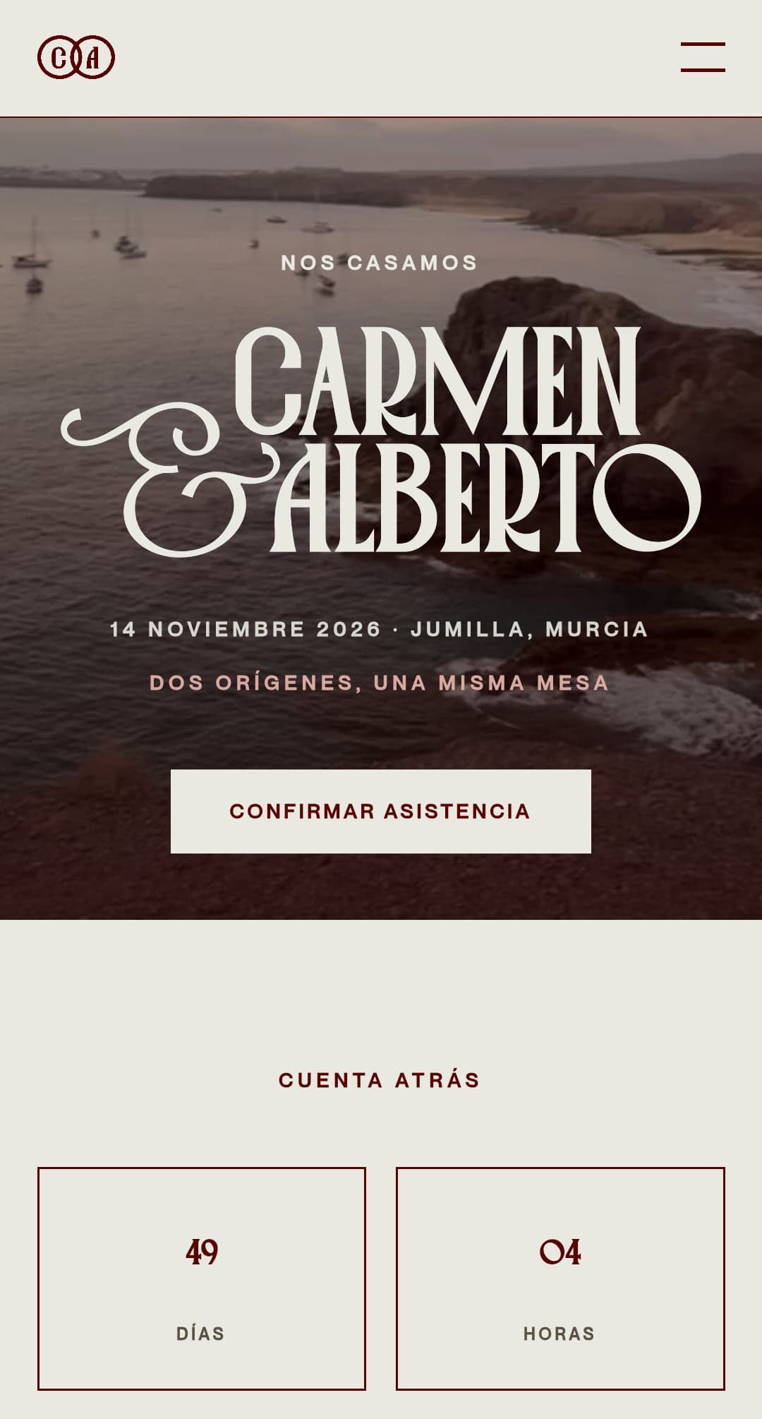 Event website on a phone: home page with the couple's names, the date, the venue and the button to confirm attendance