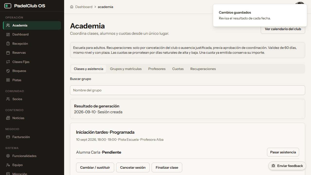 Padel Club OS dashboard: coaching academy management with classes, groups, coaches and attendance