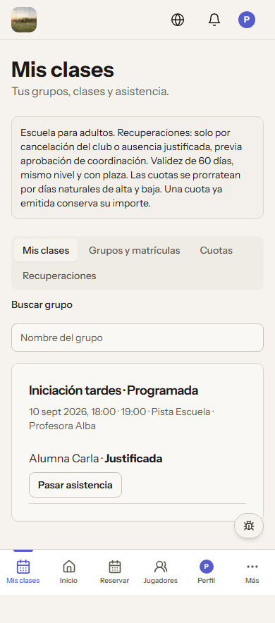 Padel Club OS player portal on a phone, with the player's classes and attendance