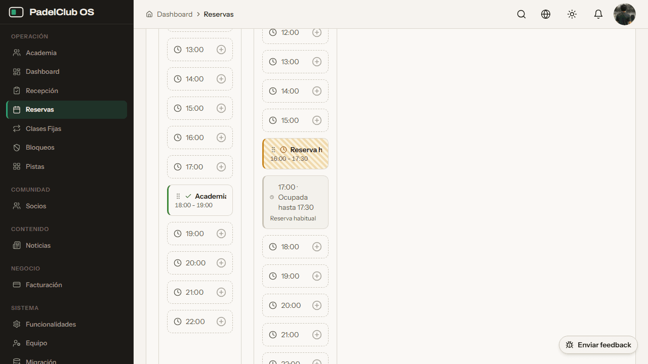 Booking grid: time slots per court with their status, a recurring booking shown with stripes and an academy class