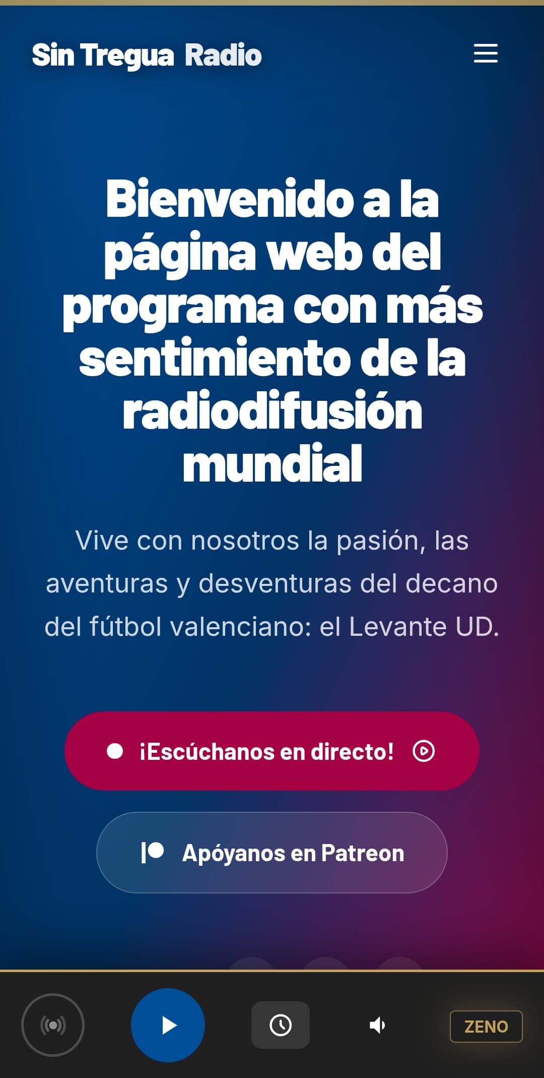Home page of the radio show website on a phone, with the button to listen live and the player fixed at the bottom
